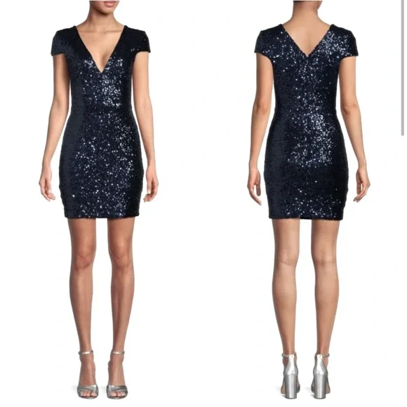 NWT Dress the Population Zoe Cap Sleeve Plunging Sequin Mini Dress black L - Picture 3 of 9